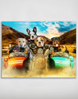 Personalized Harley Wooferson poster featuring six pets on a motorcycle with sidecars, in a vibrant, matte finish.