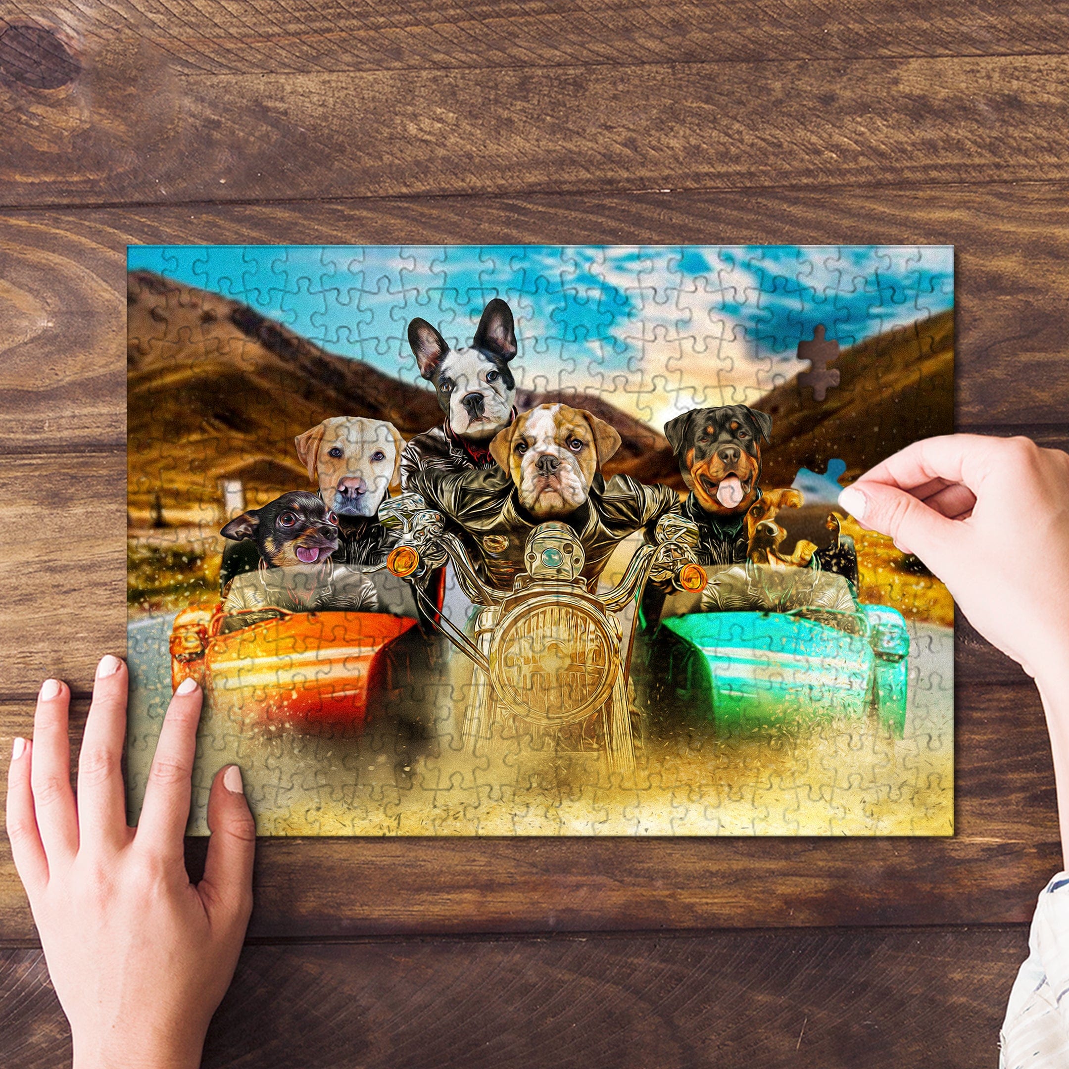 Personalized pet puzzle featuring five dogs on a motorcycle, with hands assembling pieces.