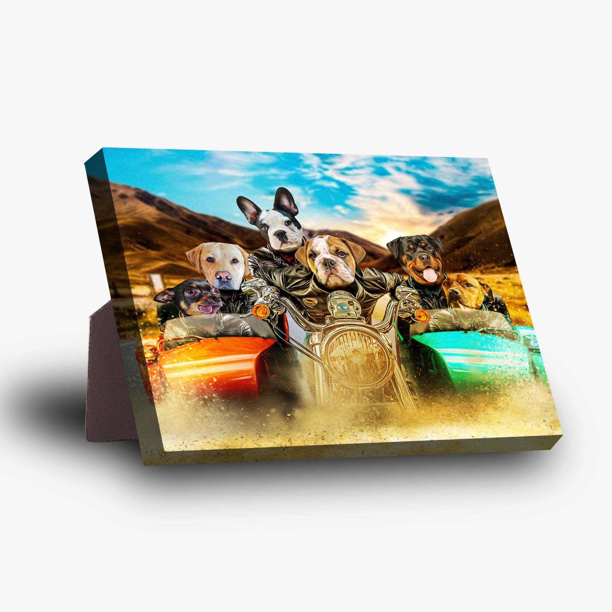 Personalized 'Harley Wooferson' standing canvas featuring 6 pets riding a motorcycle with sidecars.