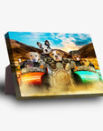 Personalized 'Harley Wooferson' standing canvas featuring 6 pets riding a motorcycle with sidecars.
