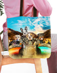 Personalized 6-pet Harley Wooferson tote bag with dogs in biker gear on a motorcycle.
