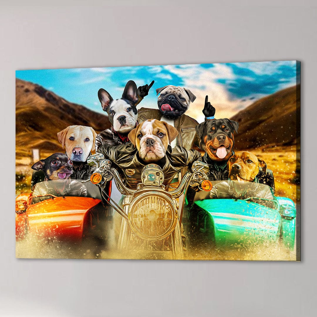 Custom pet canvas featuring seven dogs on a motorcycle and in sidecars, with a mountain landscape background.