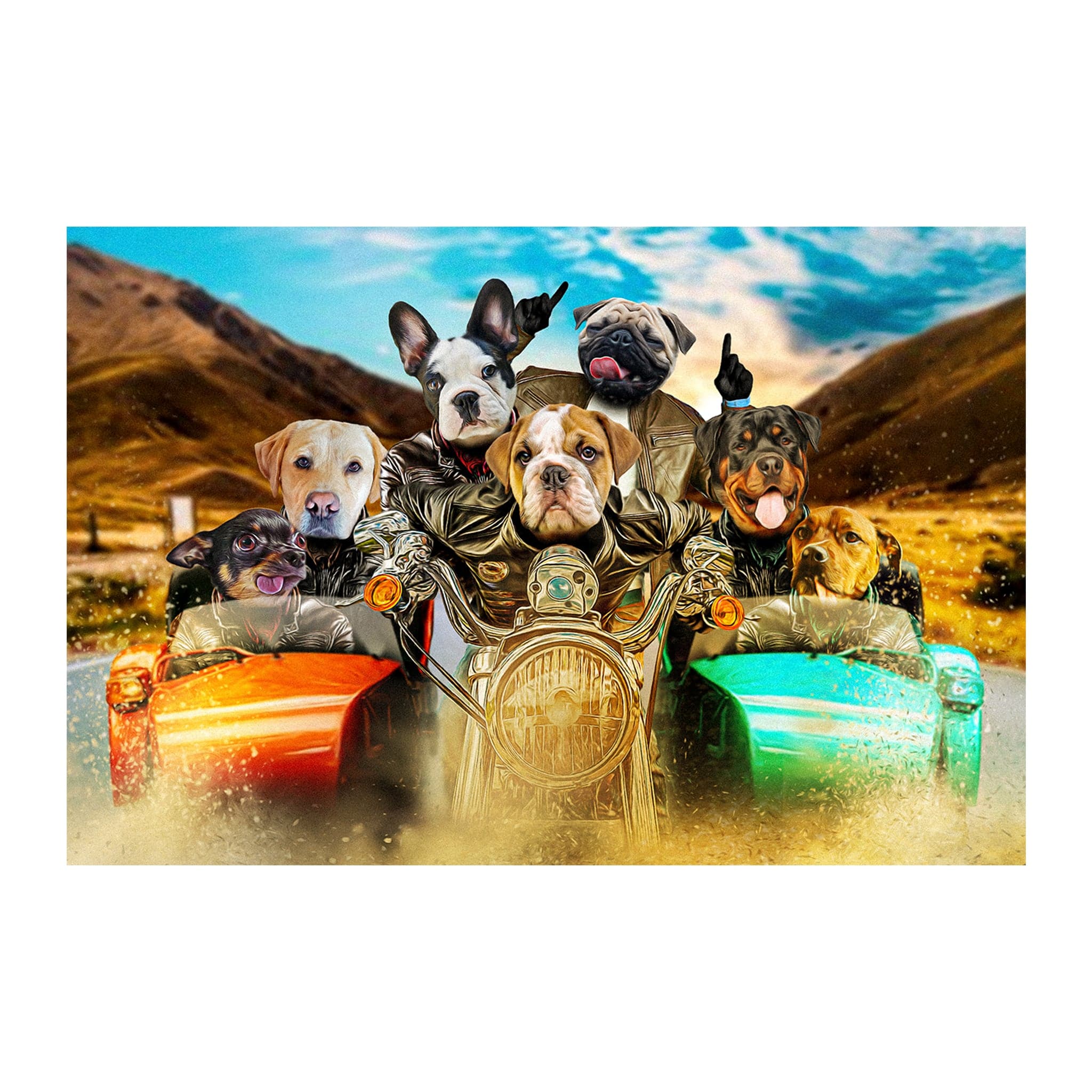 Personalized 7-pet digital portrait of dogs on a motorcycle with sidecars.