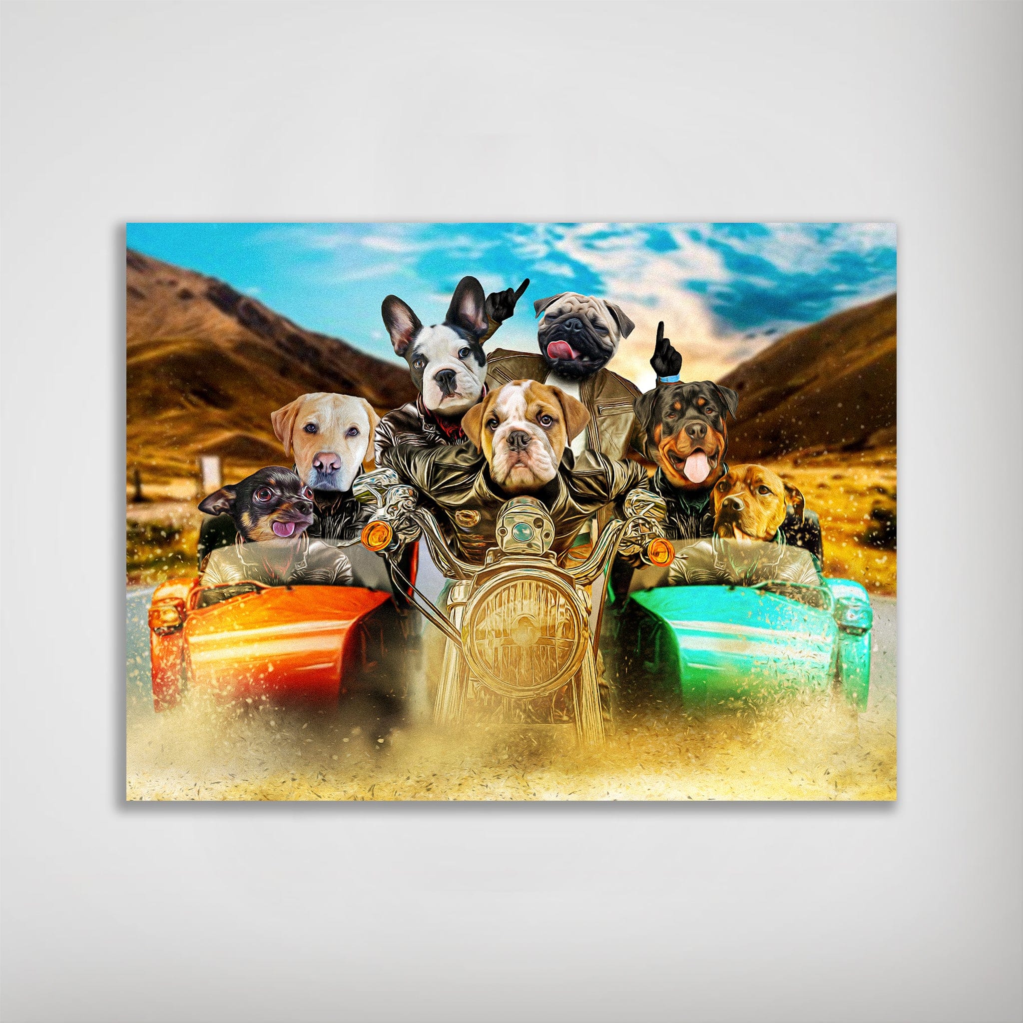 Personalized 'Harley Wooferson' 7-pet poster featuring dogs on a motorcycle with sidecars, matte finish.