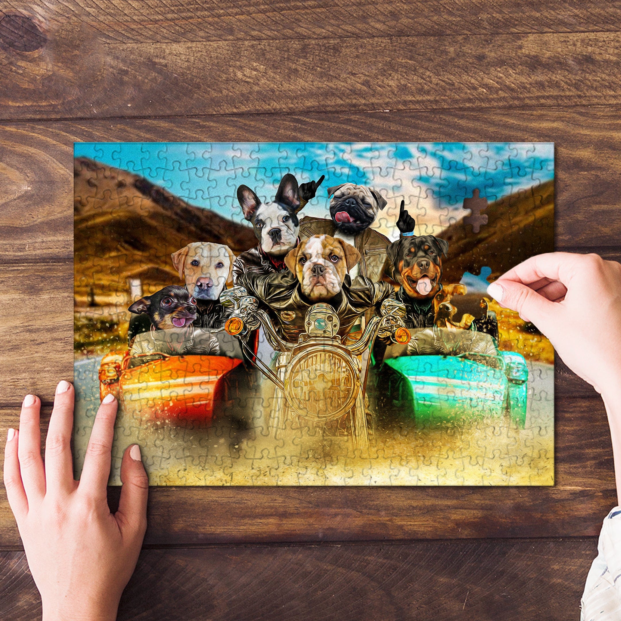 Personalized 7 pet puzzle featuring dogs on a motorcycle, with hands assembling pieces.