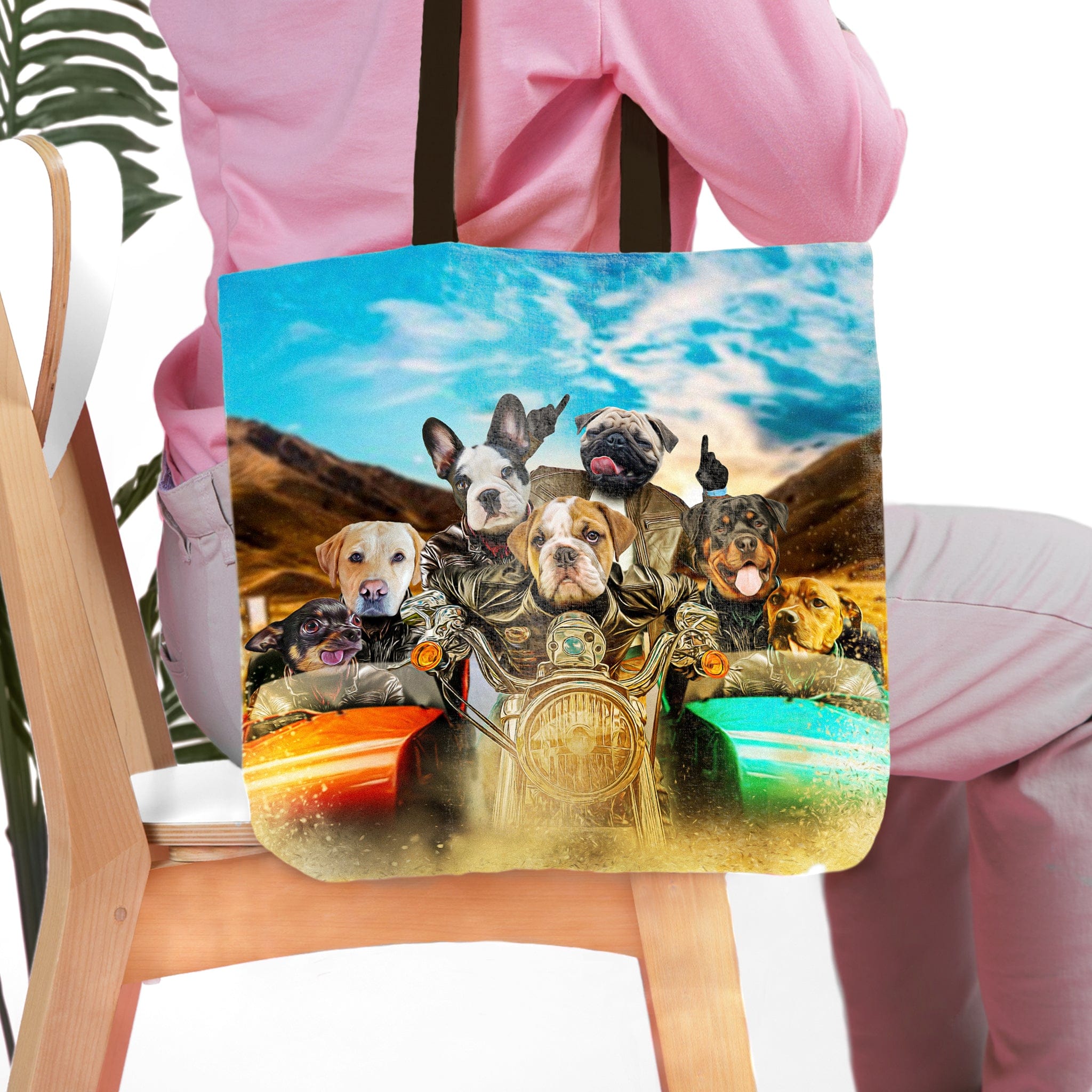 Personalized 'Harley Wooferson' tote bag with 7 custom dog portraits on motorcycles.