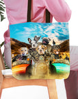 Personalized 'Harley Wooferson' tote bag with 7 custom dog portraits on motorcycles.