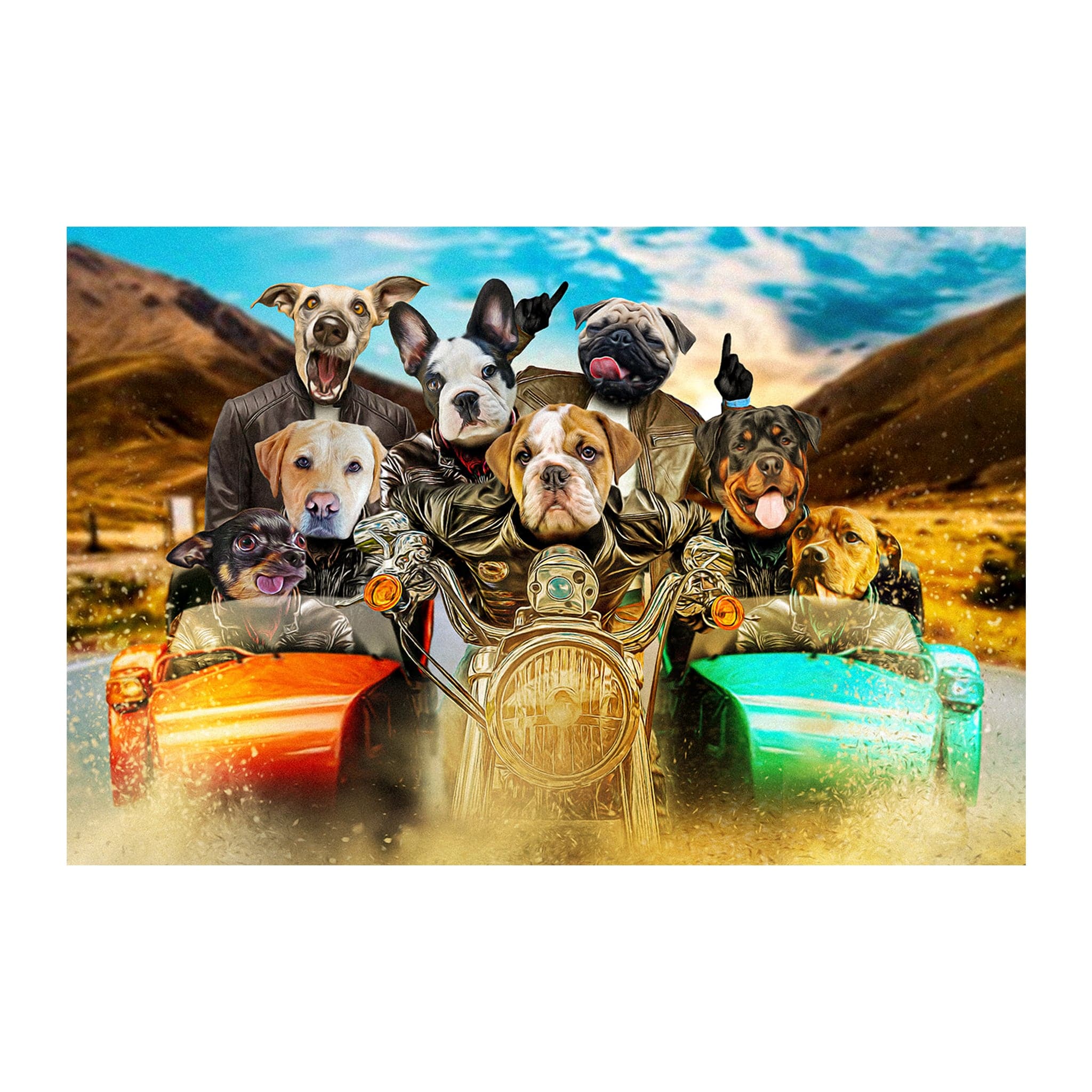 Personalized digital portrait of 8 dogs on a motorcycle and sidecars with a mountain background.