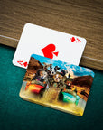 Personalized playing cards featuring a custom dog portrait of multiple pets in a sidecar motorcycle.