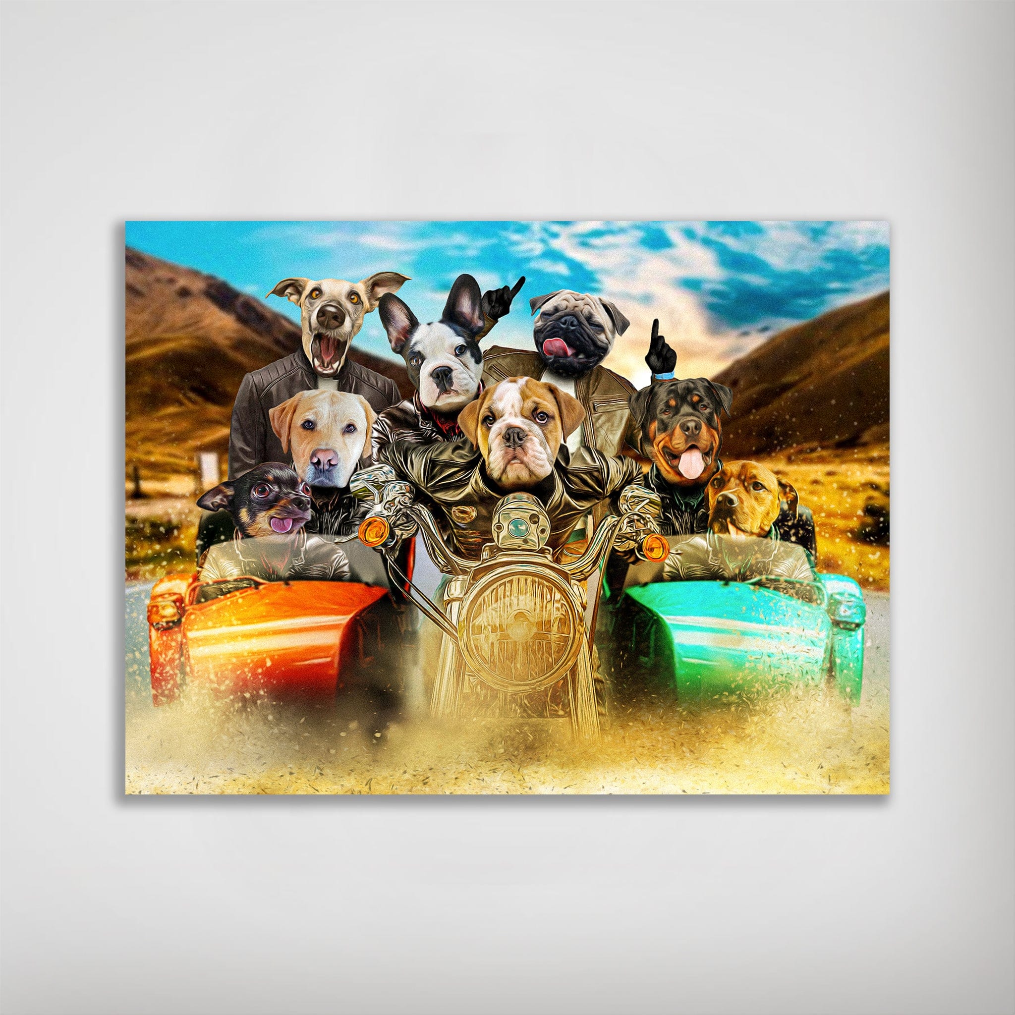 Personalized 'Harley Wooferson' poster featuring 8 custom pet portraits on a motorcycle with sidecars.