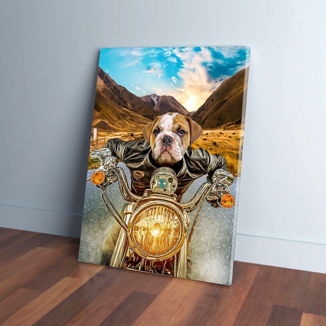 Custom pet canvas art featuring a bulldog in a leather jacket riding a motorcycle against a mountain sunset.