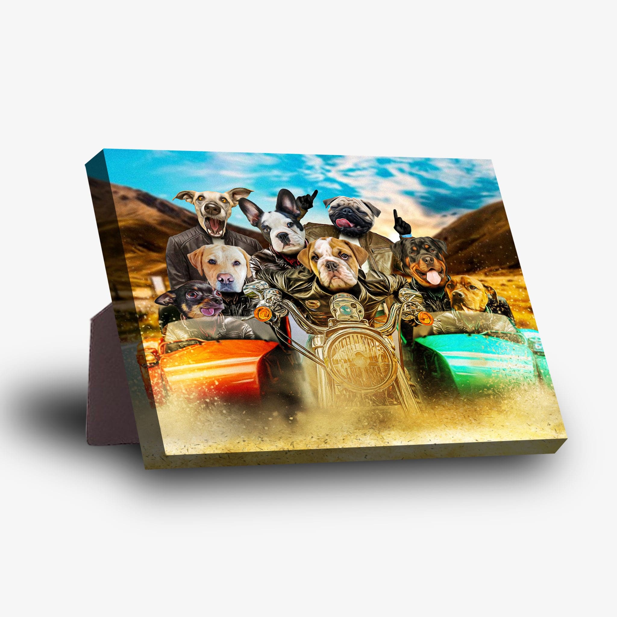 Custom pet portrait canvas: multiple dogs riding a motorcycle with sidecars on a desert road.