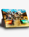 Custom pet portrait canvas: multiple dogs riding a motorcycle with sidecars on a desert road.