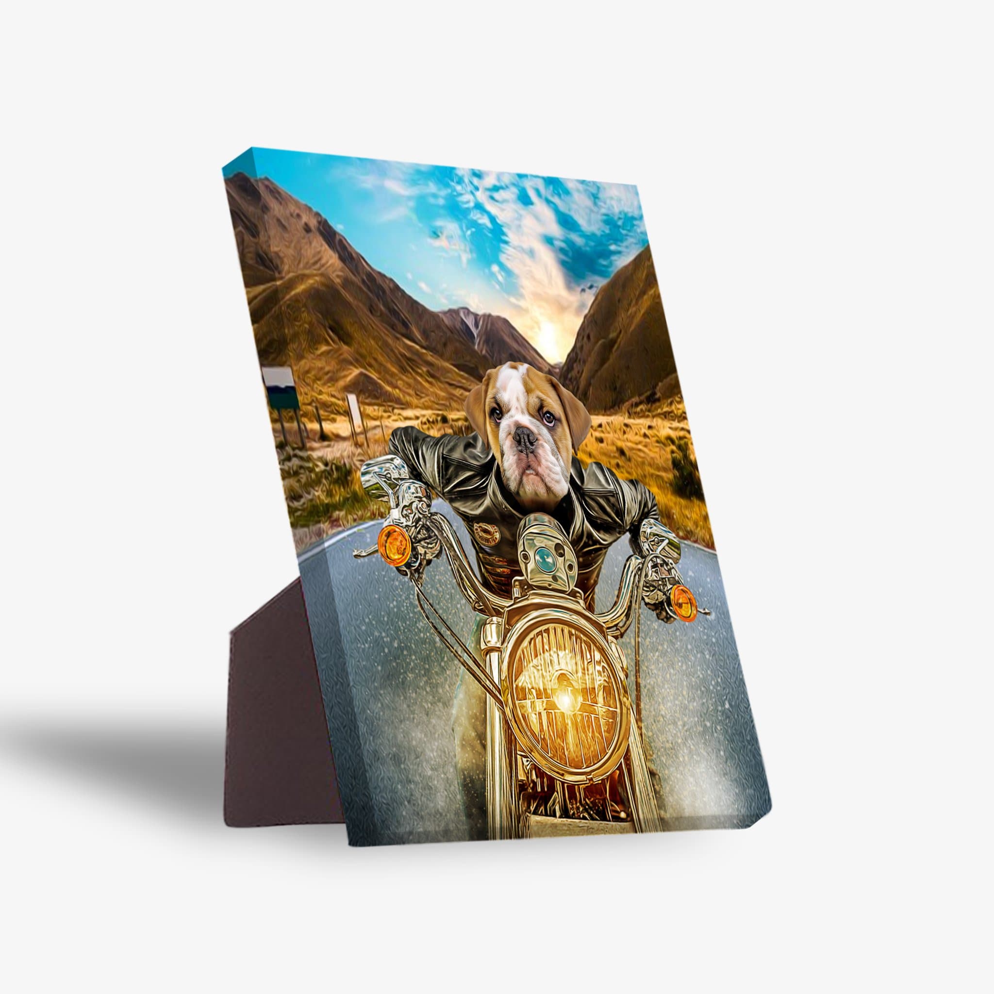 Personalized pet standing canvas featuring a bulldog on a motorcycle, with a sturdy back stand.