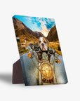 Personalized pet standing canvas featuring a bulldog on a motorcycle, with a sturdy back stand.