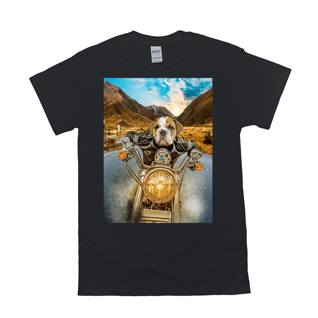 Black Gildan t-shirt with a bulldog wearing a leather jacket riding a motorcycle on a scenic road.