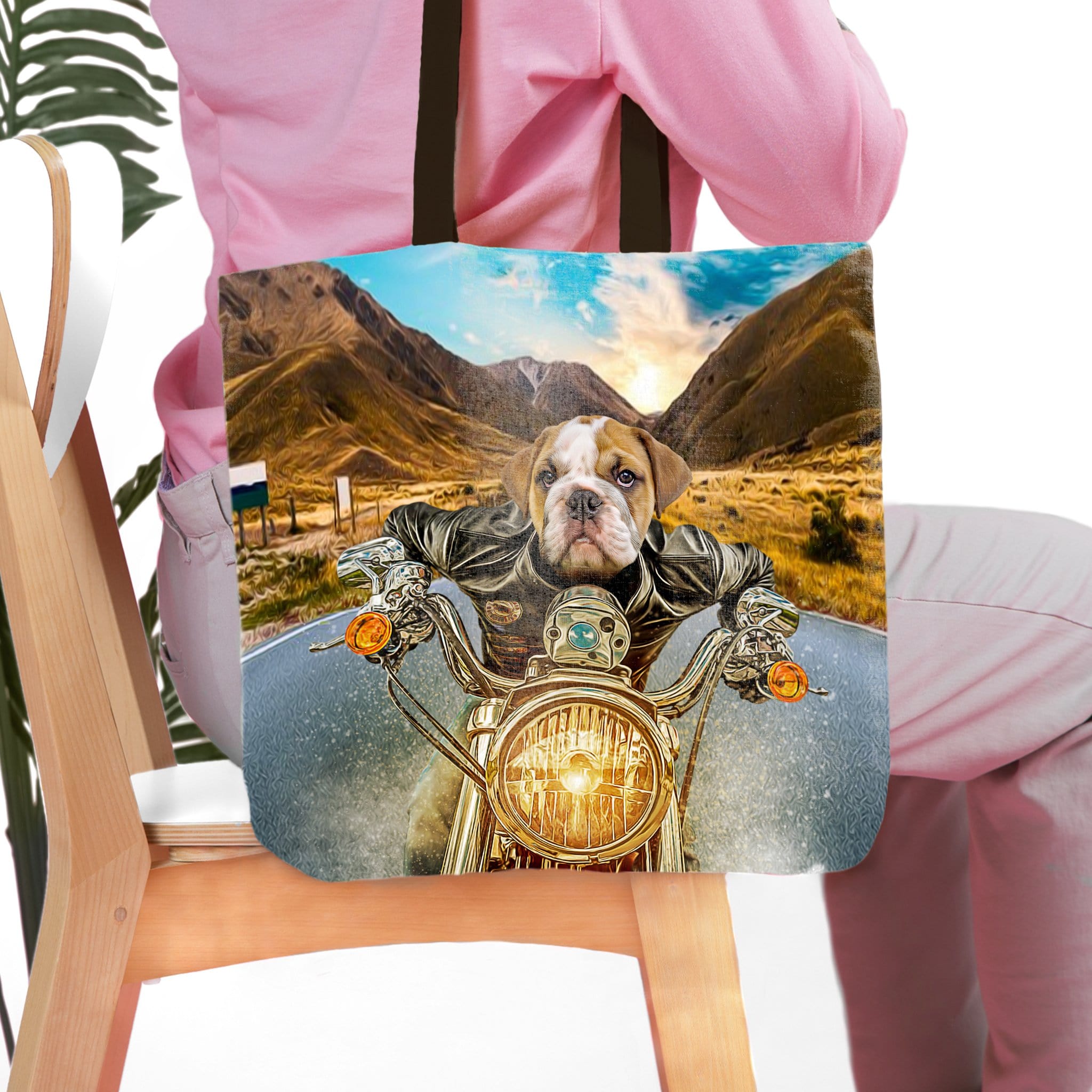 Personalized tote bag with a bulldog pet portrait riding a motorcycle on a mountain road.