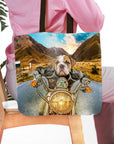 Personalized tote bag with a bulldog pet portrait riding a motorcycle on a mountain road.