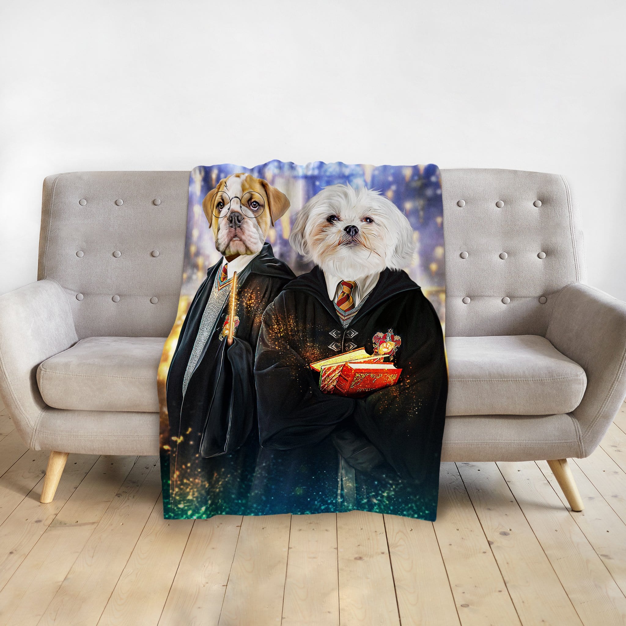 Personalized Harry Dogger 2 pet portrait blanket featuring two dogs in wizard robes.