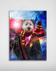 Personalized "Harry Dogger" poster featuring a dog in a wizard robe, glasses, and Gryffindor scarf, holding a glowing wand.