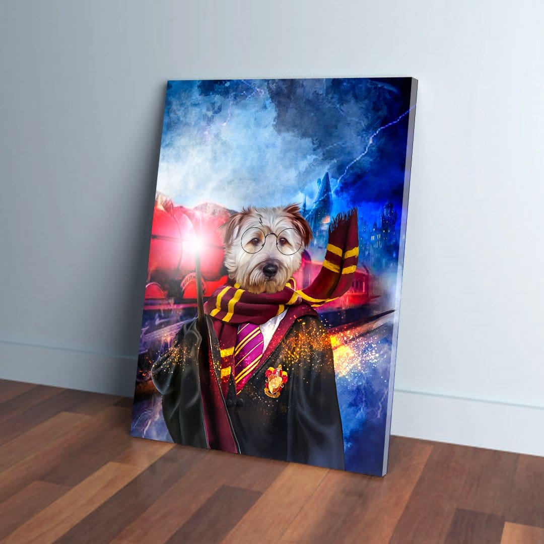 Personalized 'Harry Dogger' pet canvas featuring a white dog in wizard robes, glasses, and a striped scarf, holding a glowing wand.