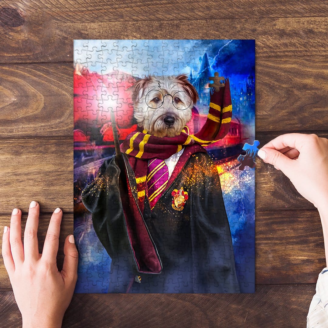 Personalized Harry Dogger pet puzzle featuring a dog in wizard robes, being assembled on wood.