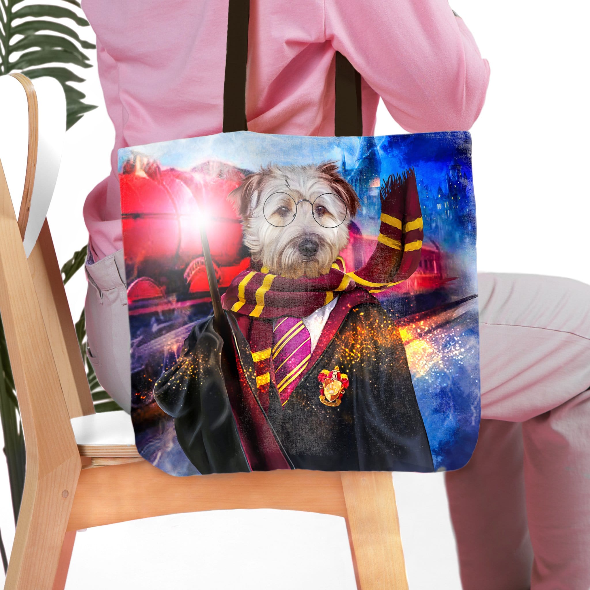 Personalized Harry Dogger pet portrait tote bag featuring a dog in wizard robes.