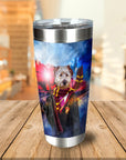 Personalized stainless steel tumbler with a dog portrait in a "Harry Dogger" wizard costume.