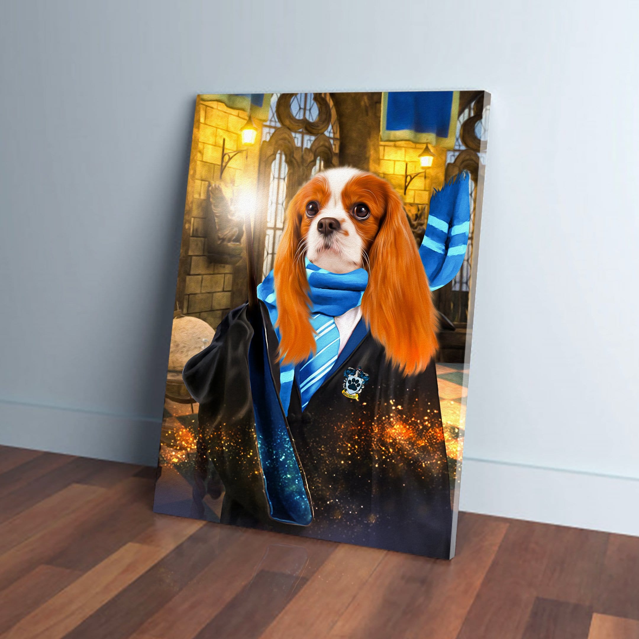 Custom Cavalier King Charles Spaniel pet portrait canvas in a Harry Potter Ravenclaw robe and scarf.