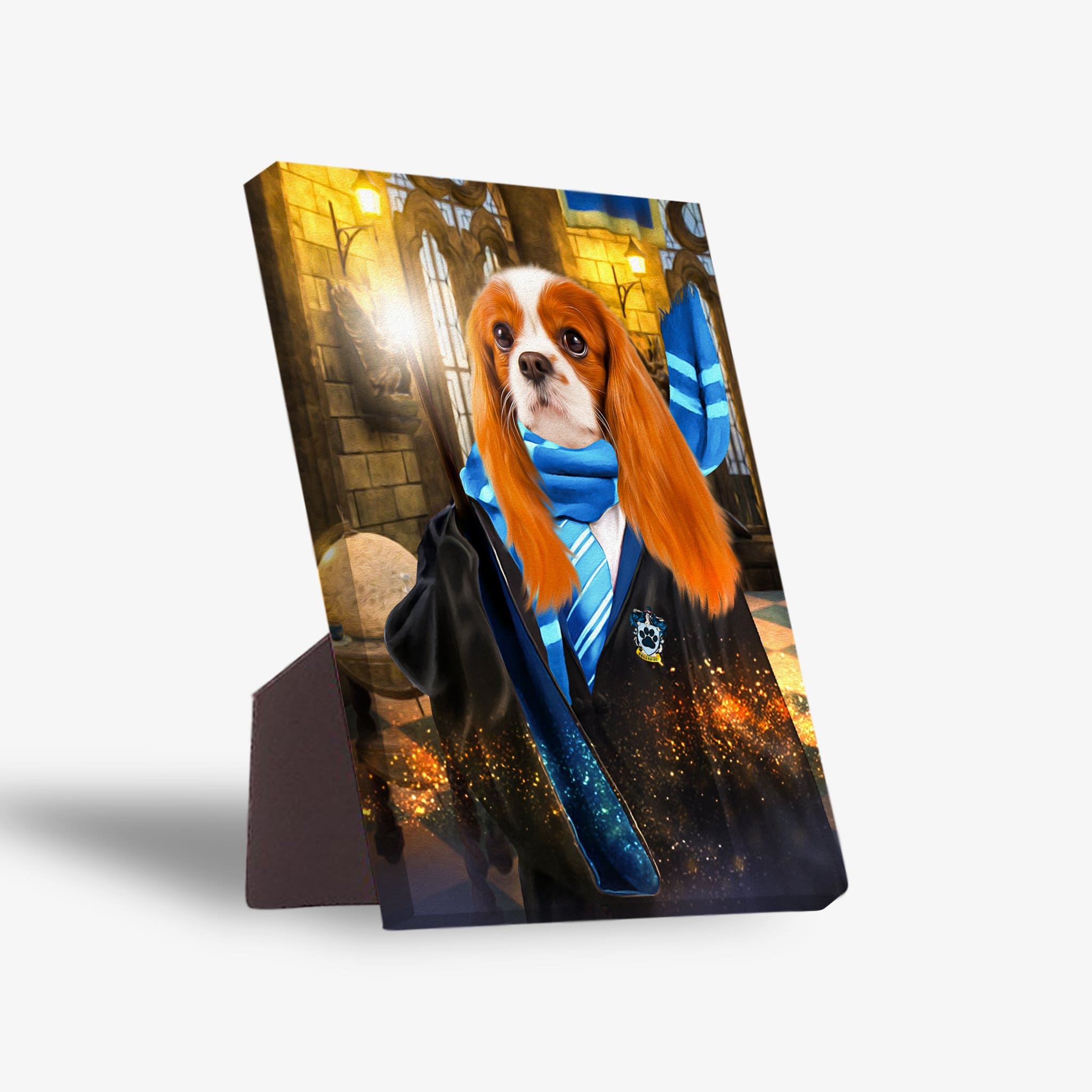 Personalized Harry Dogger (RavenPaw) standing canvas featuring a Cavalier King Charles Spaniel in a wizard robe.