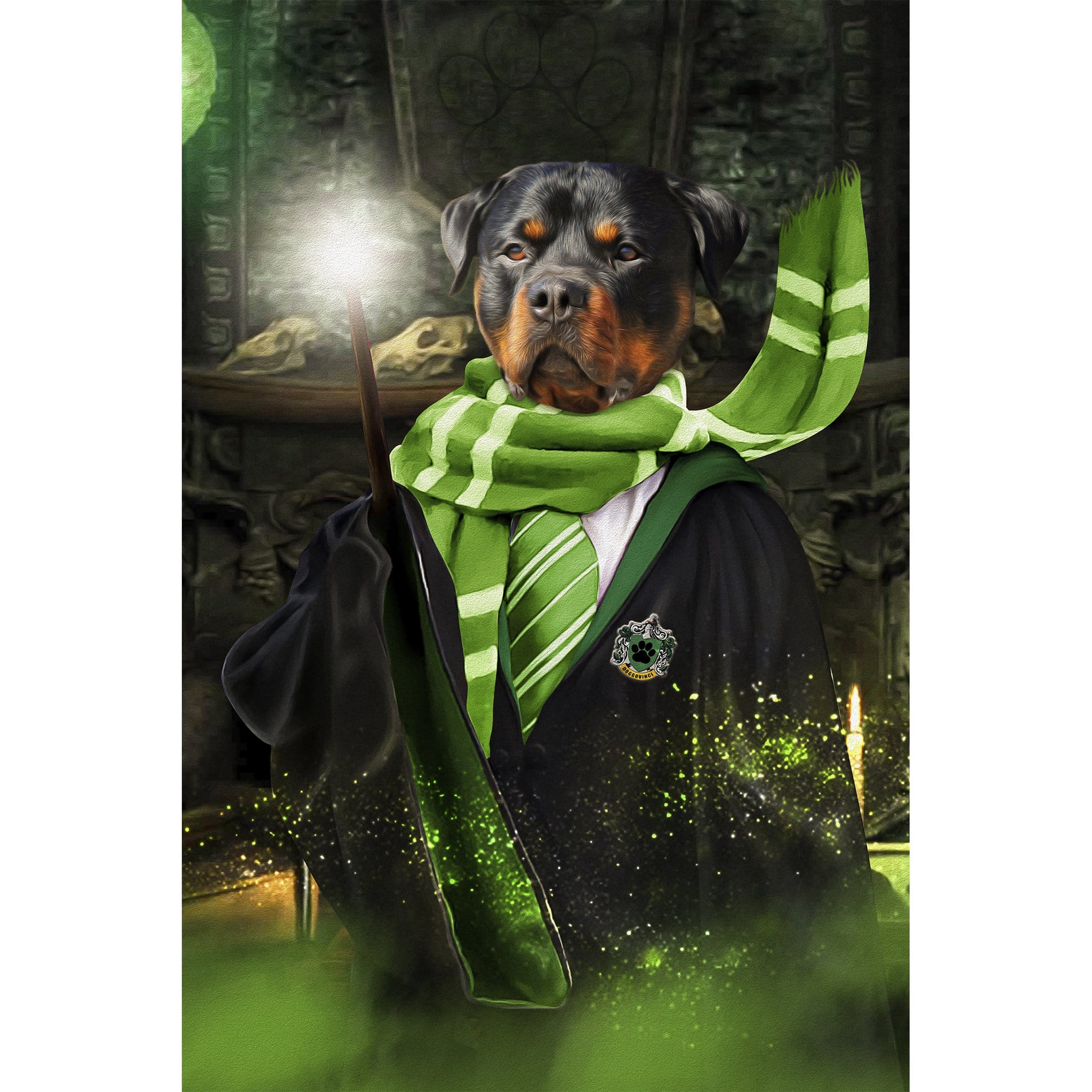 Personalized digital portrait of a Rottweiler dog as Harry Dogger (Slytherawr) in a green robe and scarf.