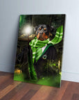 Personalized 'Harry Dogger (Slytherawr)' canvas featuring a Rottweiler in a green robe and scarf, holding a glowing wand.