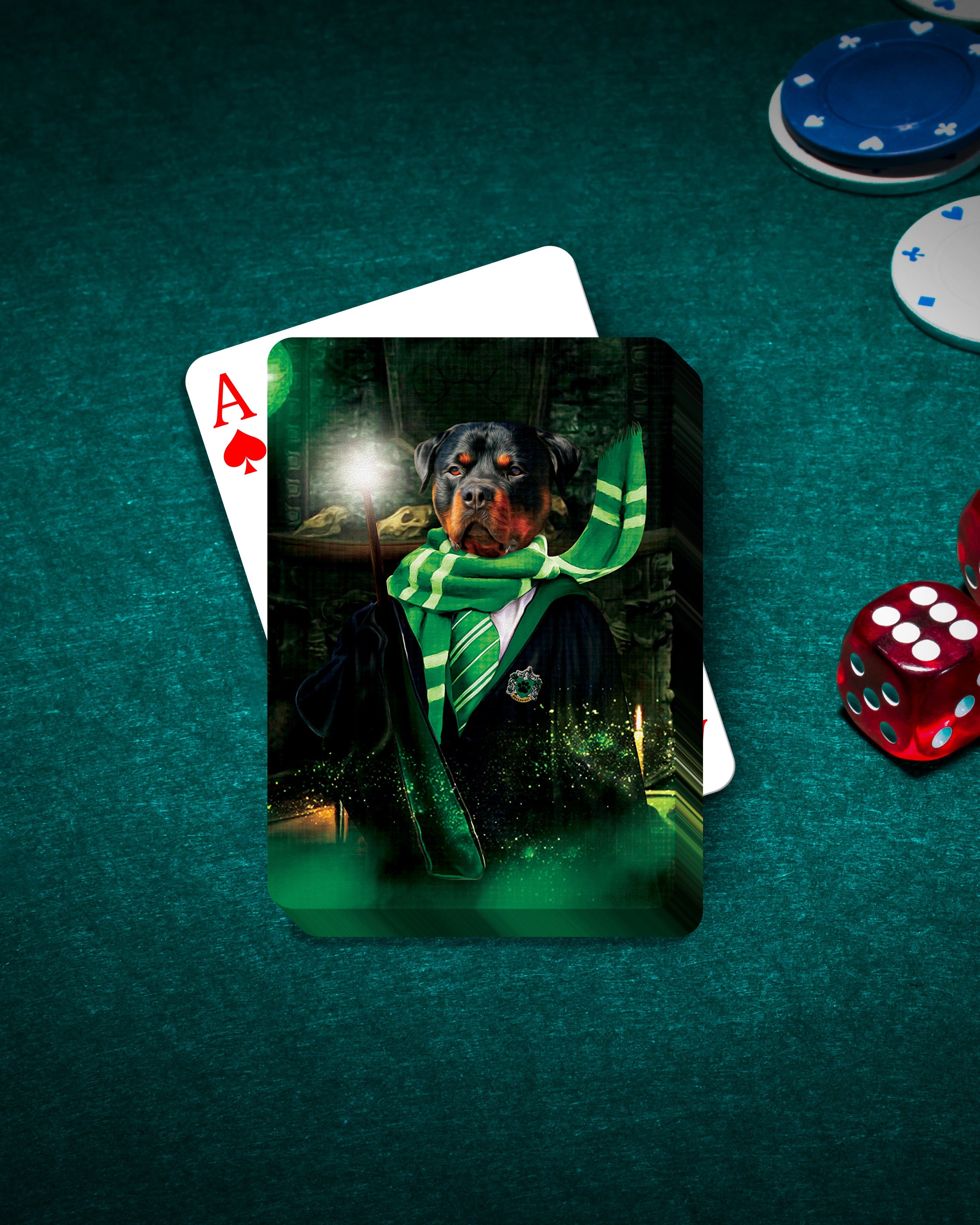 Personalized playing cards featuring a custom dog portrait in a green wizard robe and scarf.