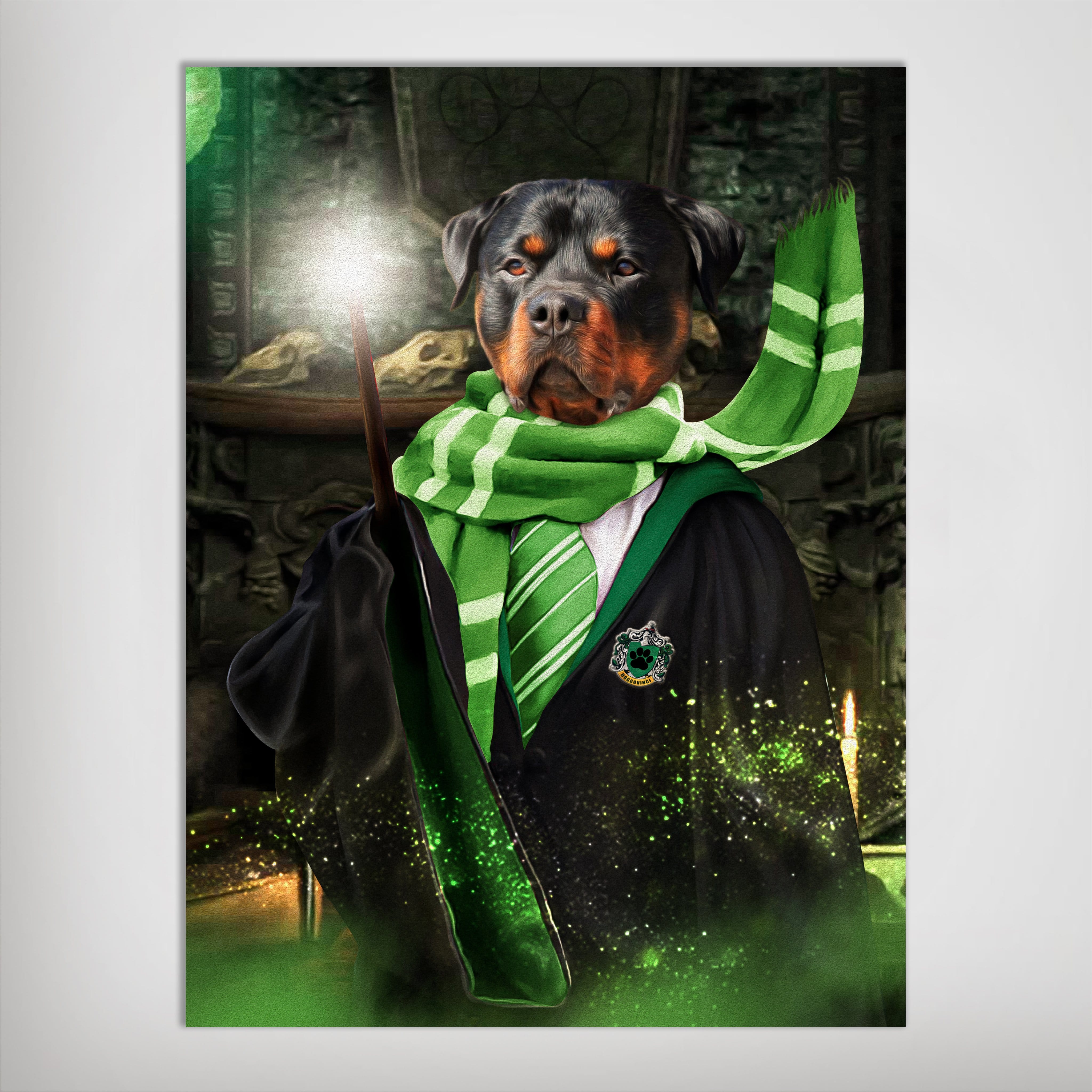 Personalized 'Harry Dogger (Slytherawr)' pet poster featuring a Rottweiler in a green and black robe, scarf, and tie, holding a glowing magic wand.