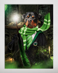 Personalized 'Harry Dogger (Slytherawr)' pet poster featuring a Rottweiler in a green and black robe, scarf, and tie, holding a glowing magic wand.