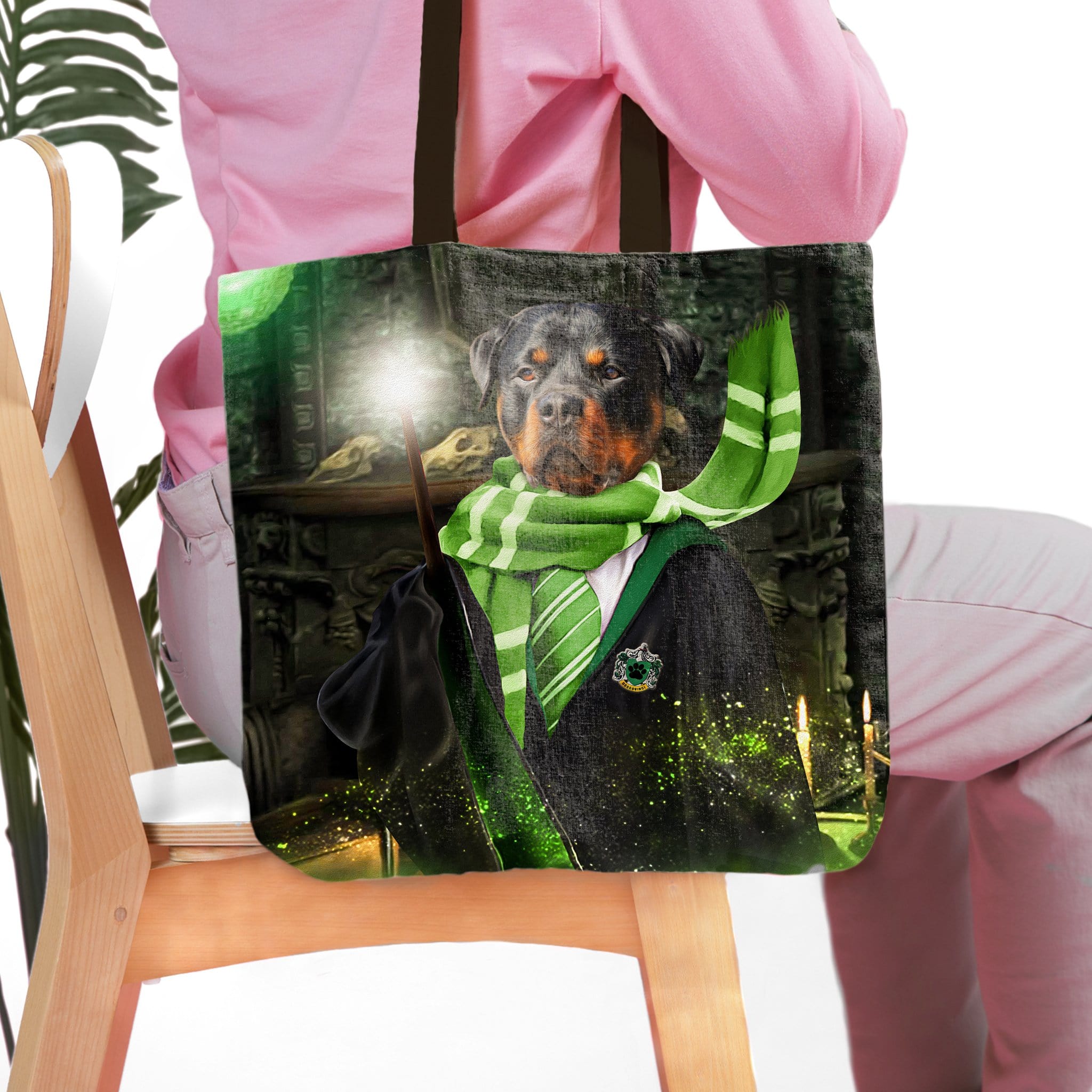 Personalized tote bag with a custom Rottweiler pet portrait in a Slytherin-style wizard costume.