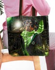 Personalized tote bag with a custom Rottweiler pet portrait in a Slytherin-style wizard costume.