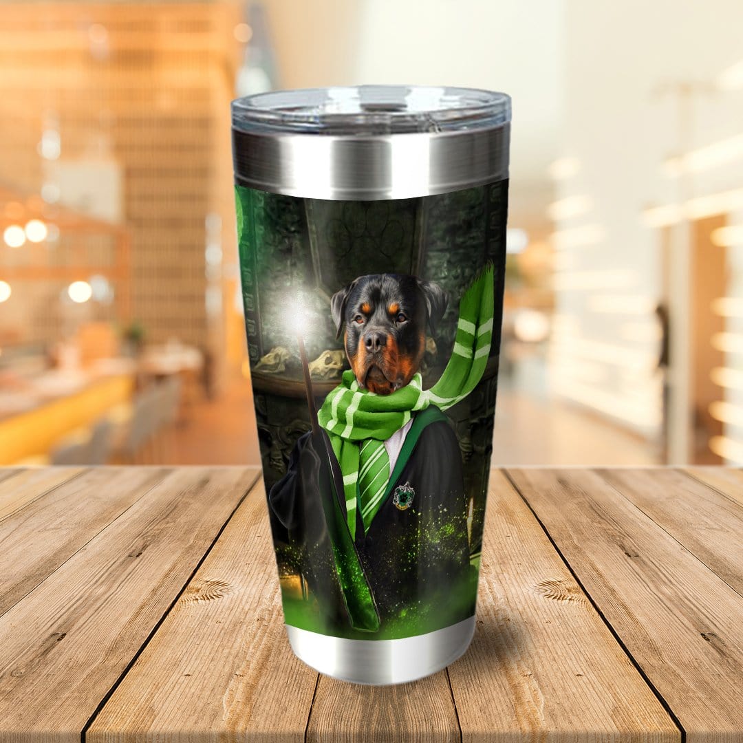 Personalized stainless steel tumbler with a Rottweiler pet portrait in a Slytherin wizard costume.