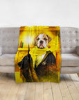 Personalized Harry Dogger Wooflepuff pet portrait blanket featuring a bulldog in a wizard robe.