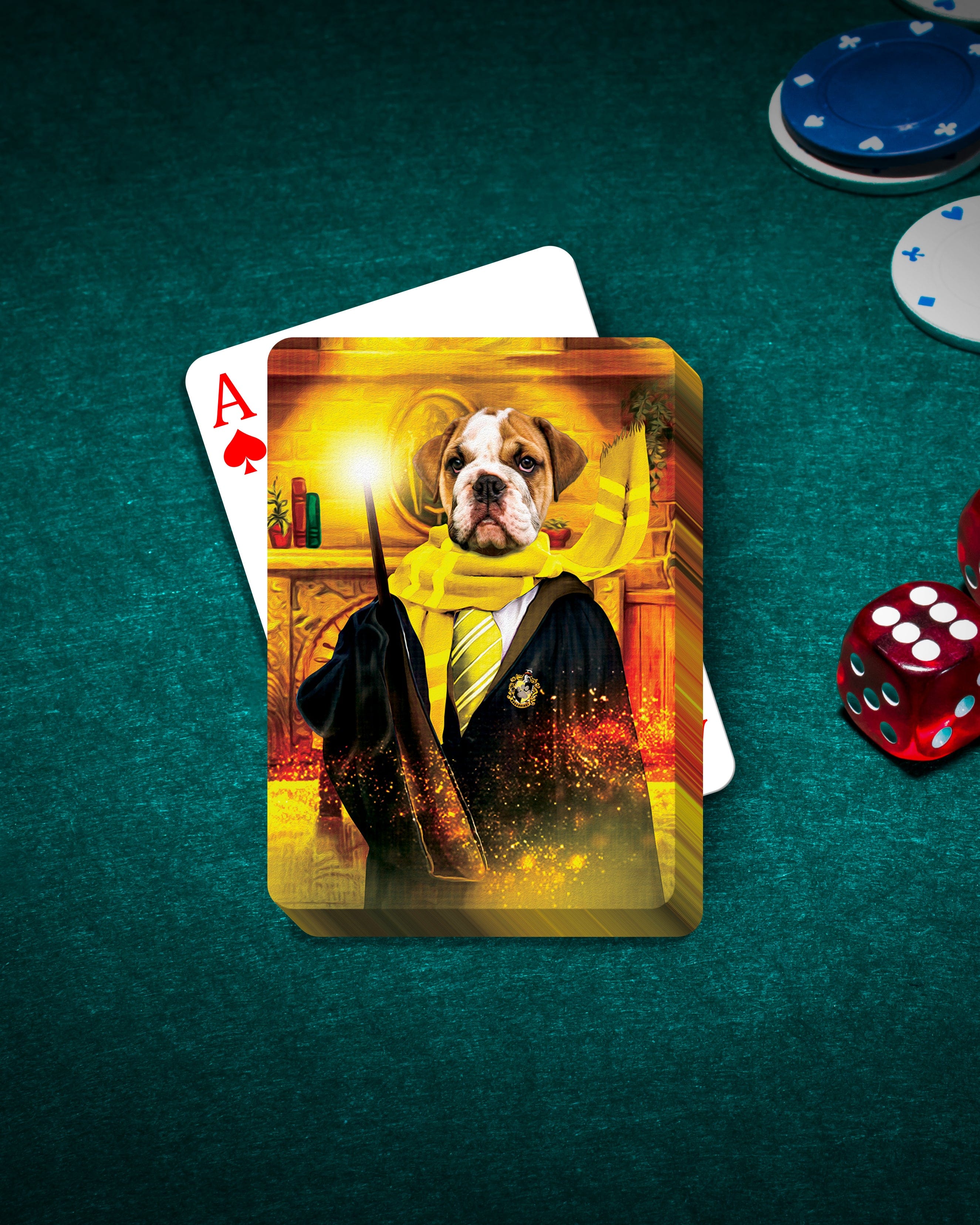 Personalized Harry Dogger (Wooflepuff) playing cards featuring a custom bulldog pet portrait.