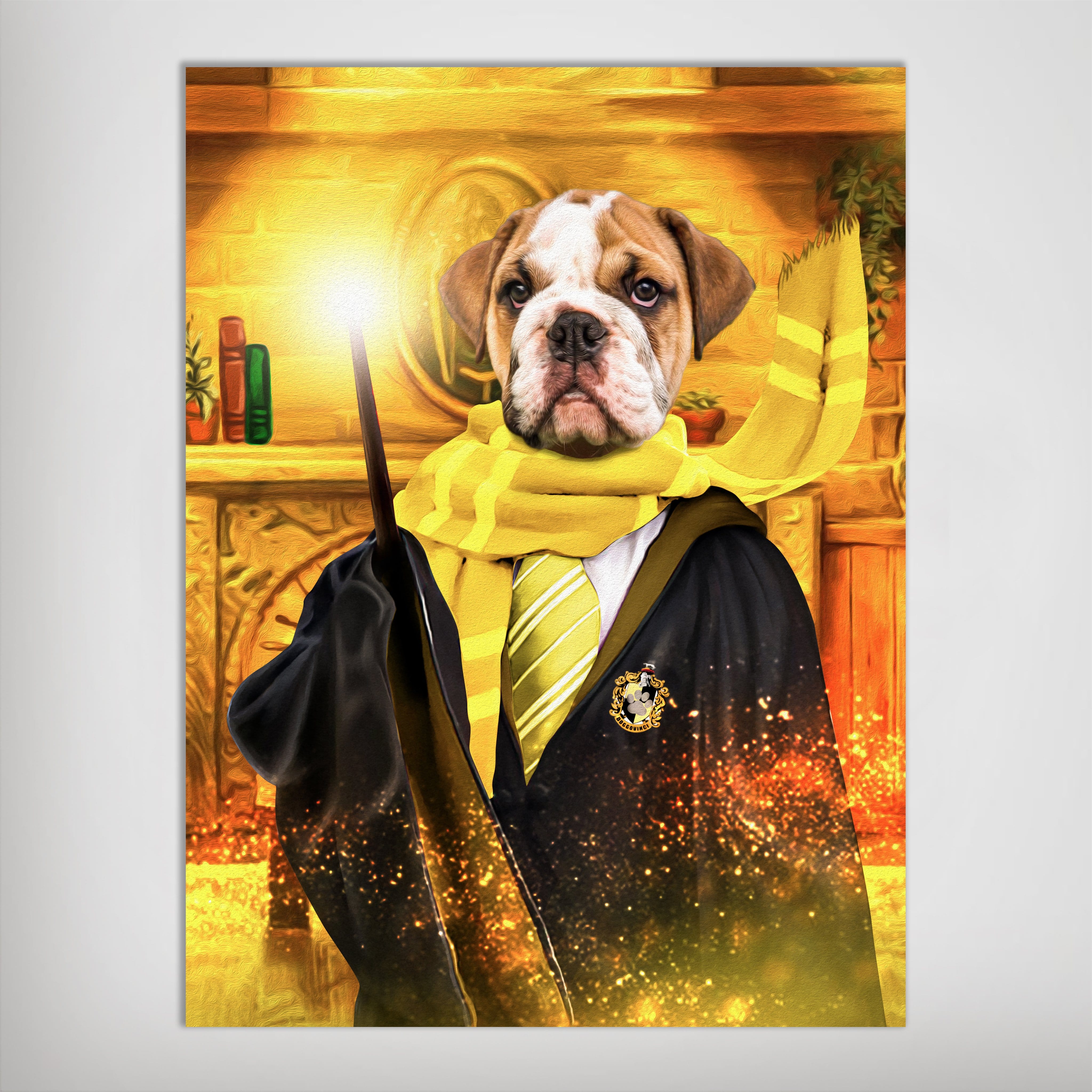 Personalized 'Harry Dogger (Wooflepuff)' pet poster featuring a bulldog in a black robe, yellow scarf, and tie, holding a glowing magic wand.