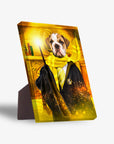 Personalized bulldog pet portrait on a standing canvas, dressed in a black and yellow wizard robe with a wand.