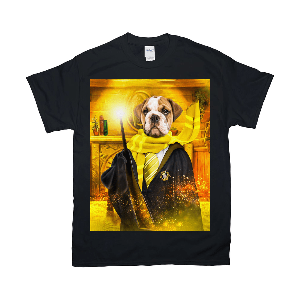 Black Gildan t-shirt with a bulldog in a wizard robe, yellow scarf, and tie, holding a glowing wand.