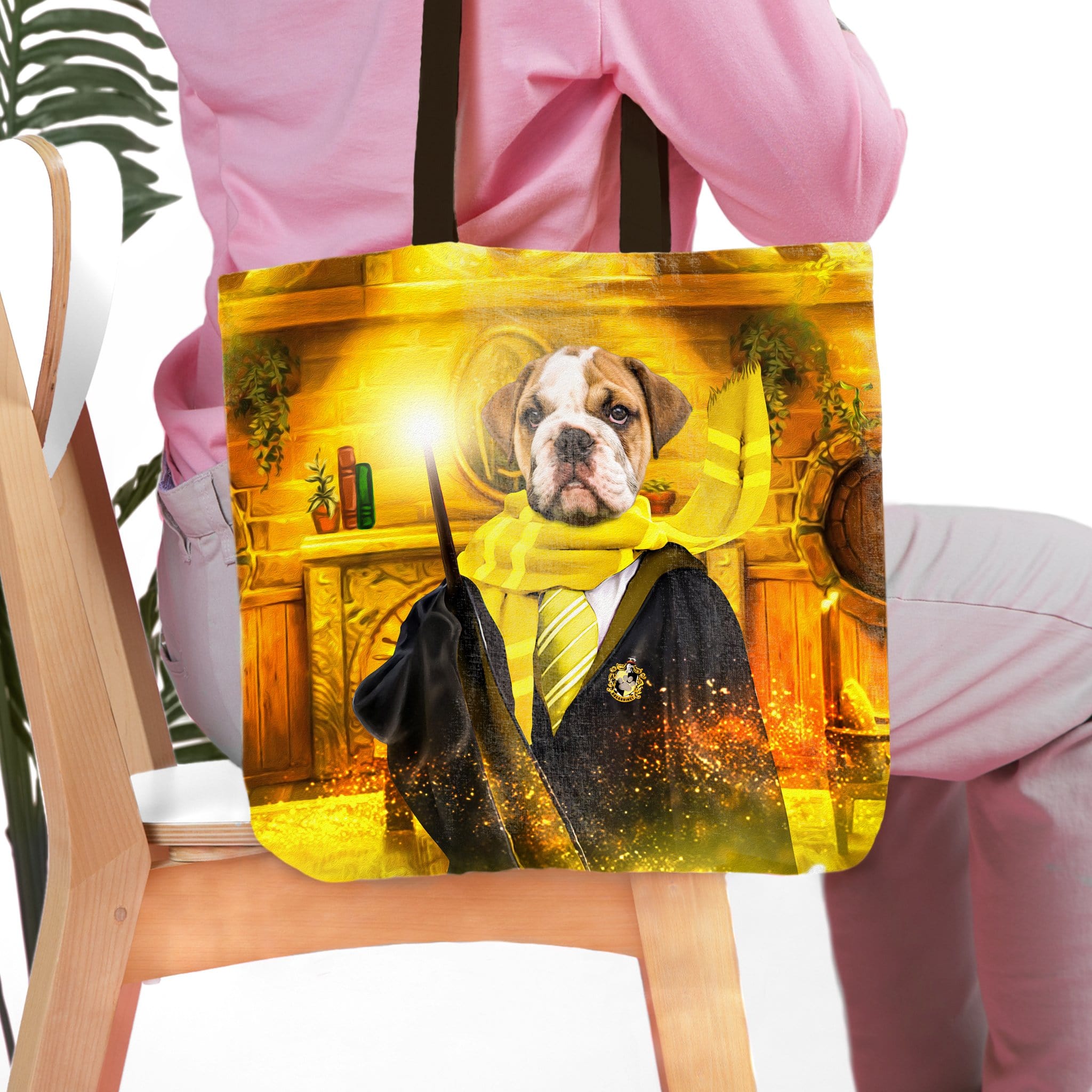 Personalized Harry Dogger Wooflepuff tote bag with a bulldog pet portrait in a wizard robe.