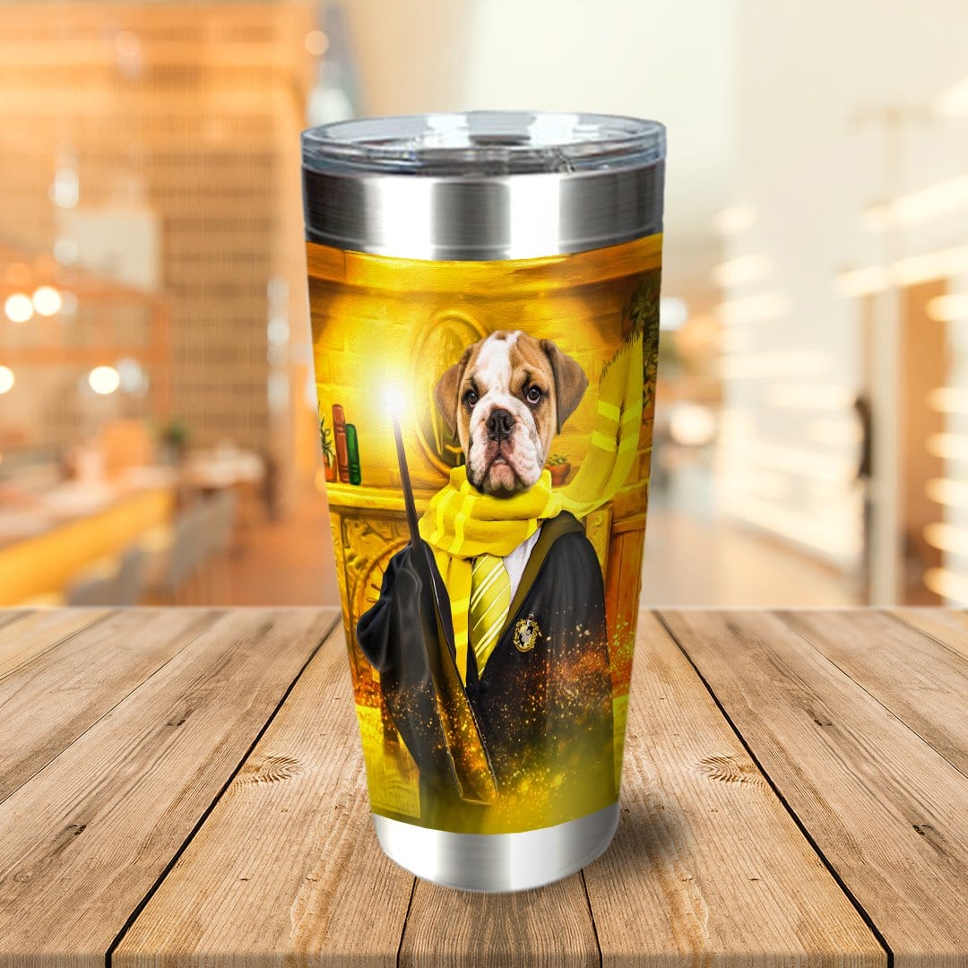 Personalized stainless steel tumbler with a bulldog pet portrait as "Harry Dogger (Wooflepuff)" in a wizard robe.