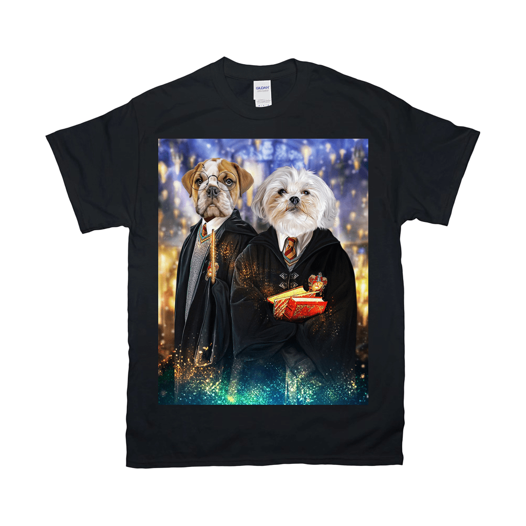 Black Gildan t-shirt featuring two dogs dressed as wizards, one holding a wand, the other a book.