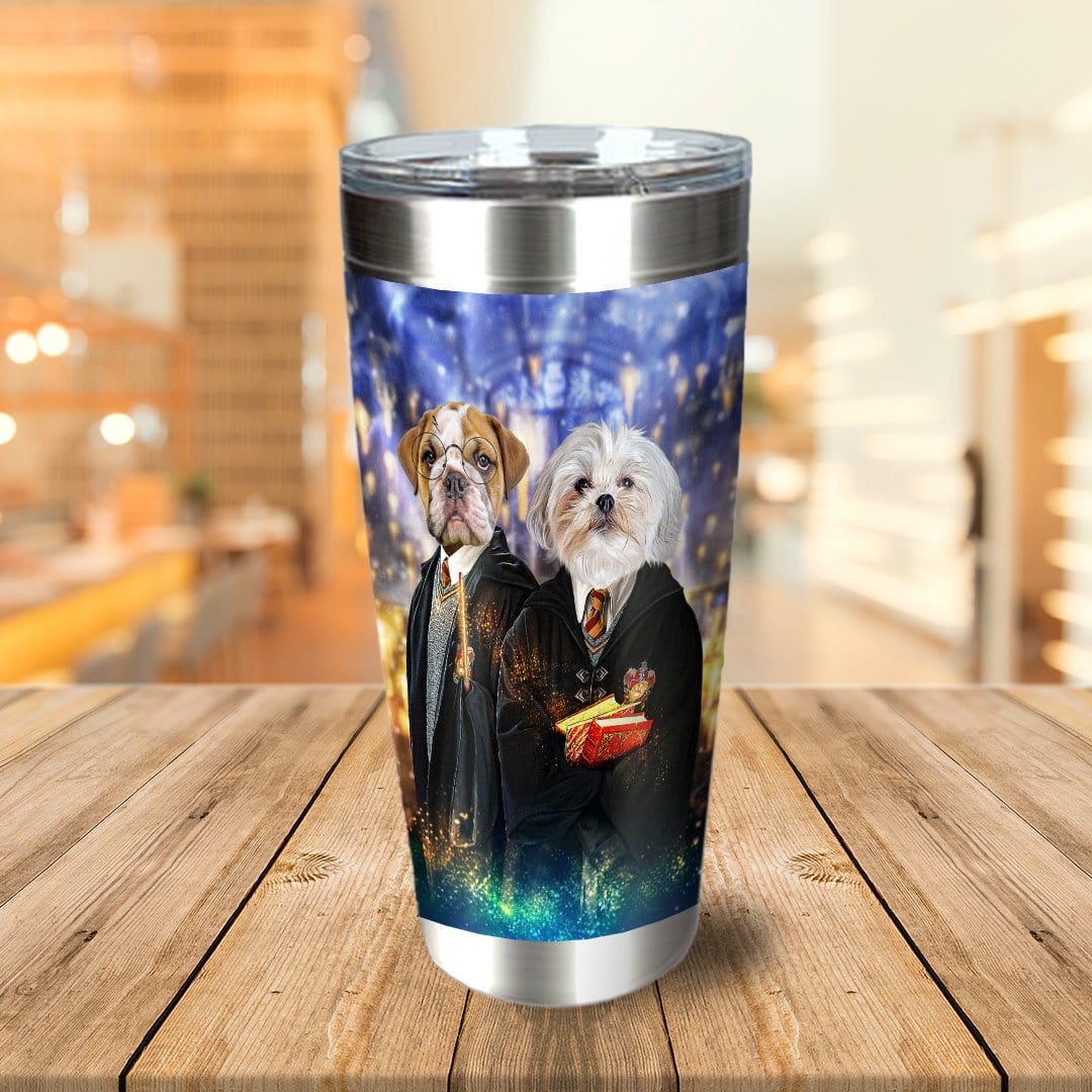 Personalized stainless steel tumbler with two dogs in wizard robes, "Harry Doggers 2" style.