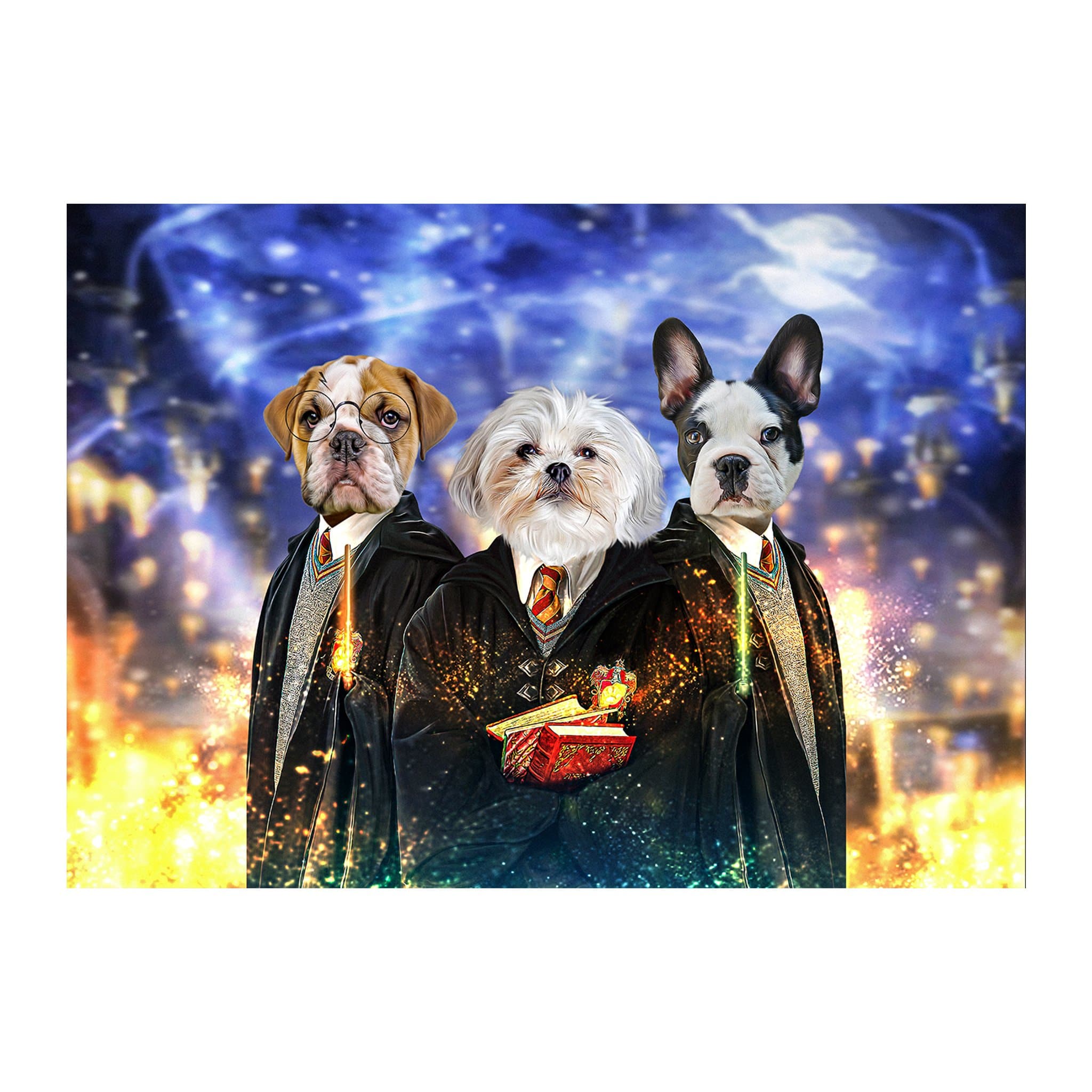 Custom digital portrait of three pets dressed as wizards in a magical setting.