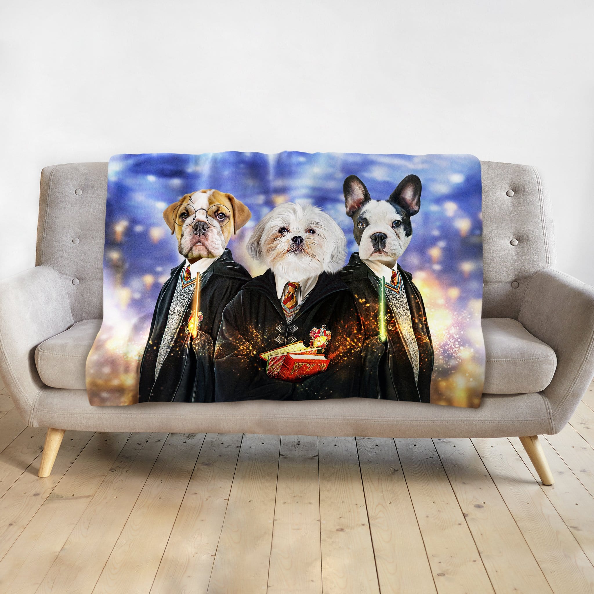 Custom personalized blanket with three dogs in Harry Potter-style robes.