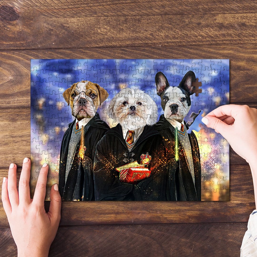 Personalized 3-pet puzzle featuring dogs in wizard robes, with hands assembling pieces.